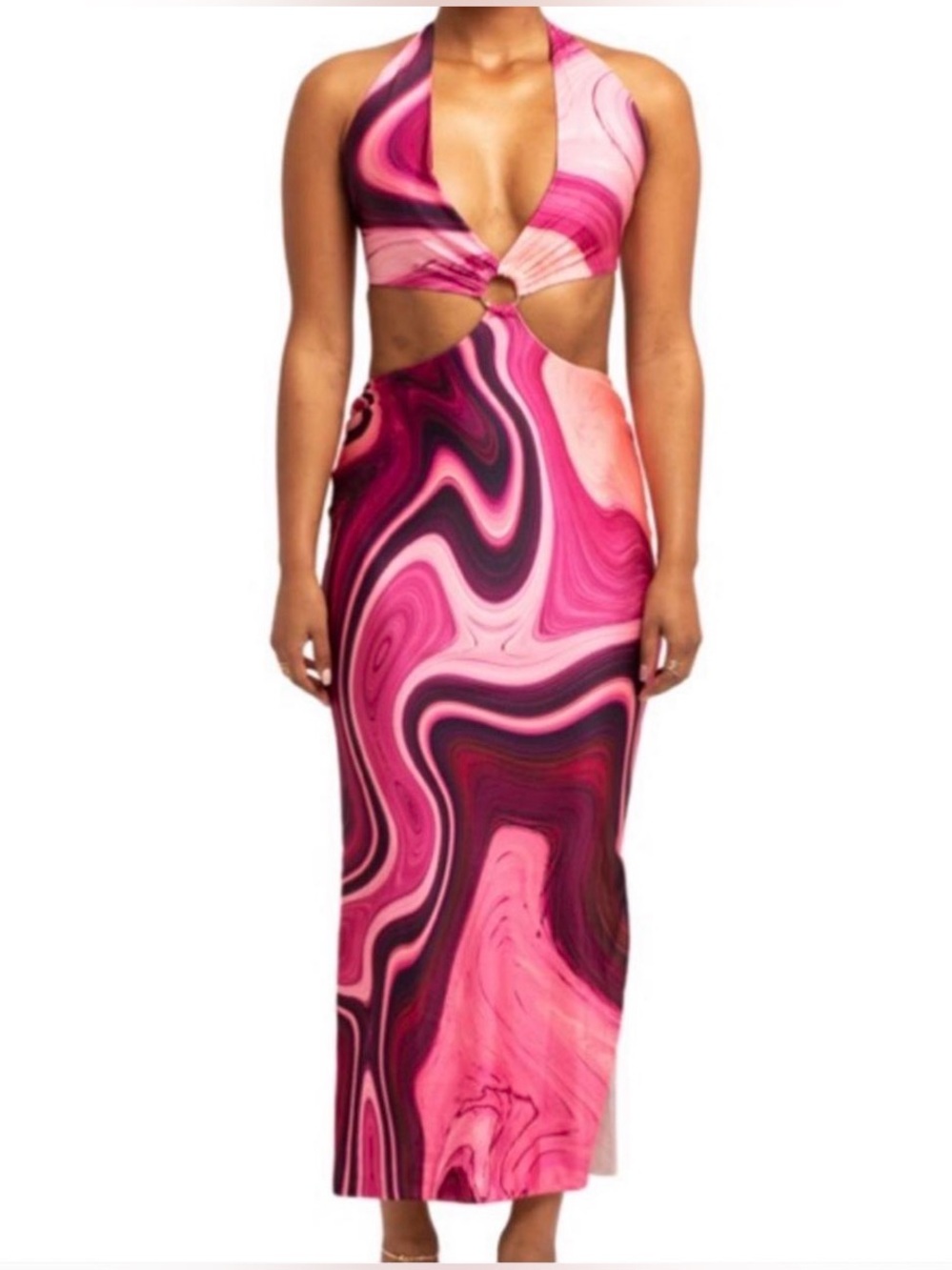 Farai London Pink Marble Halter Dress with Cutout size Small